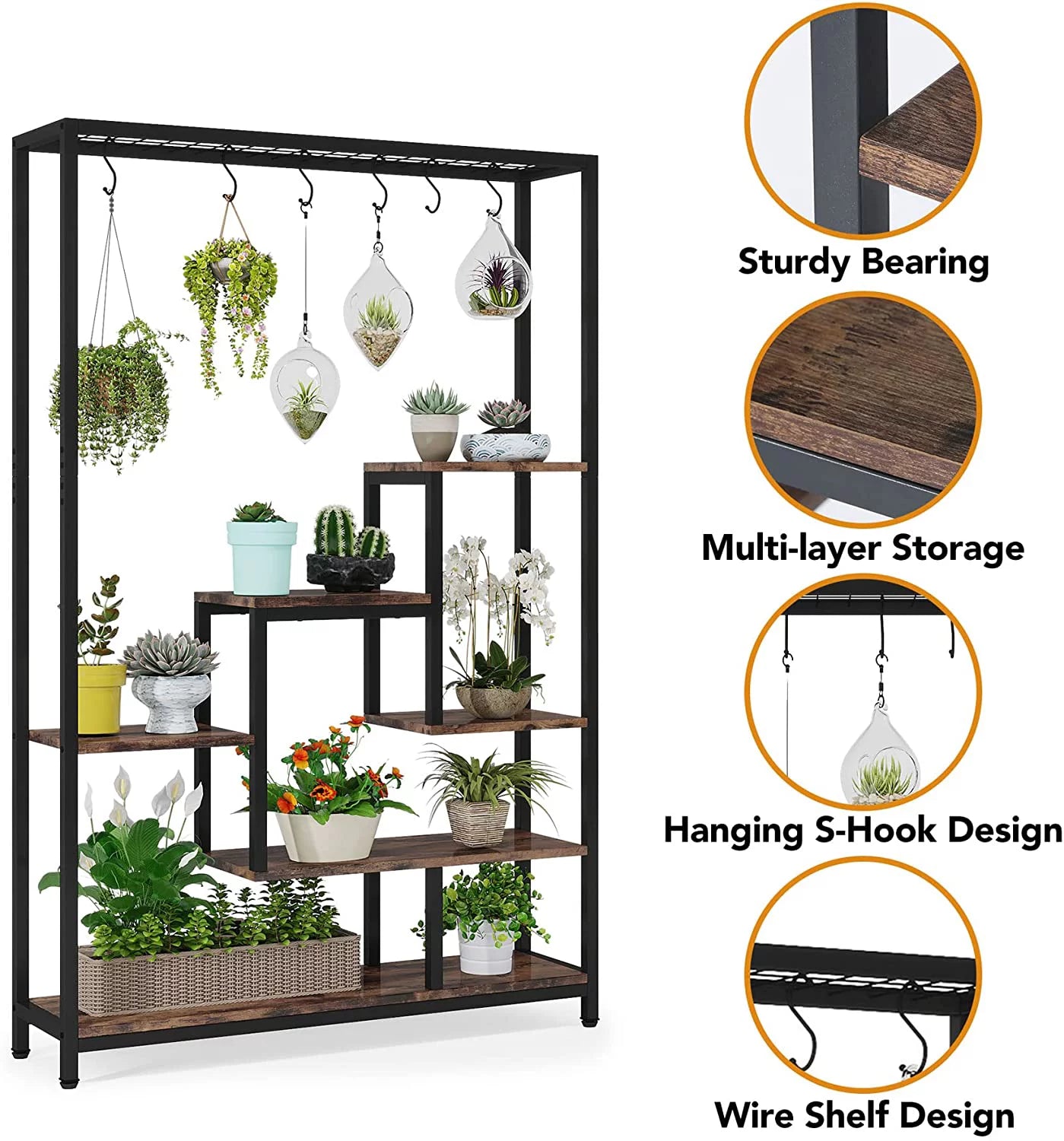 5-Tier Metal Plant Stand with 10 Hanging Hooks K59785
