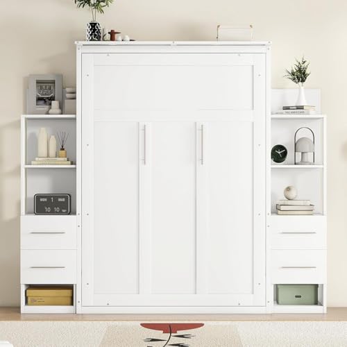 Queen Murphy Bed with Storage Drawers and Shelves (Grey) J877