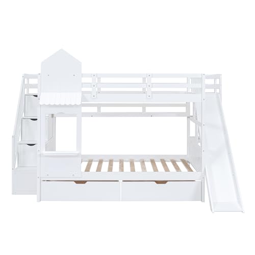 Gray Wood Twin Over Twin Bunk Bed with Stairs and Slide H2339
