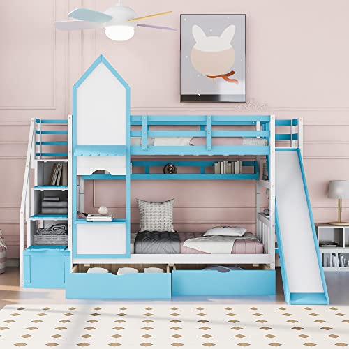 Gray Wood Twin Over Twin Floor Bunk Bed with Storage X9555