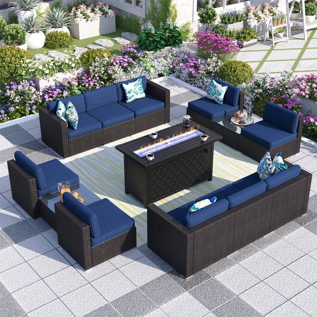 13 Pieces Navy Blue Outdoor Patio Furniture Set with Fire Pit Table M56492
