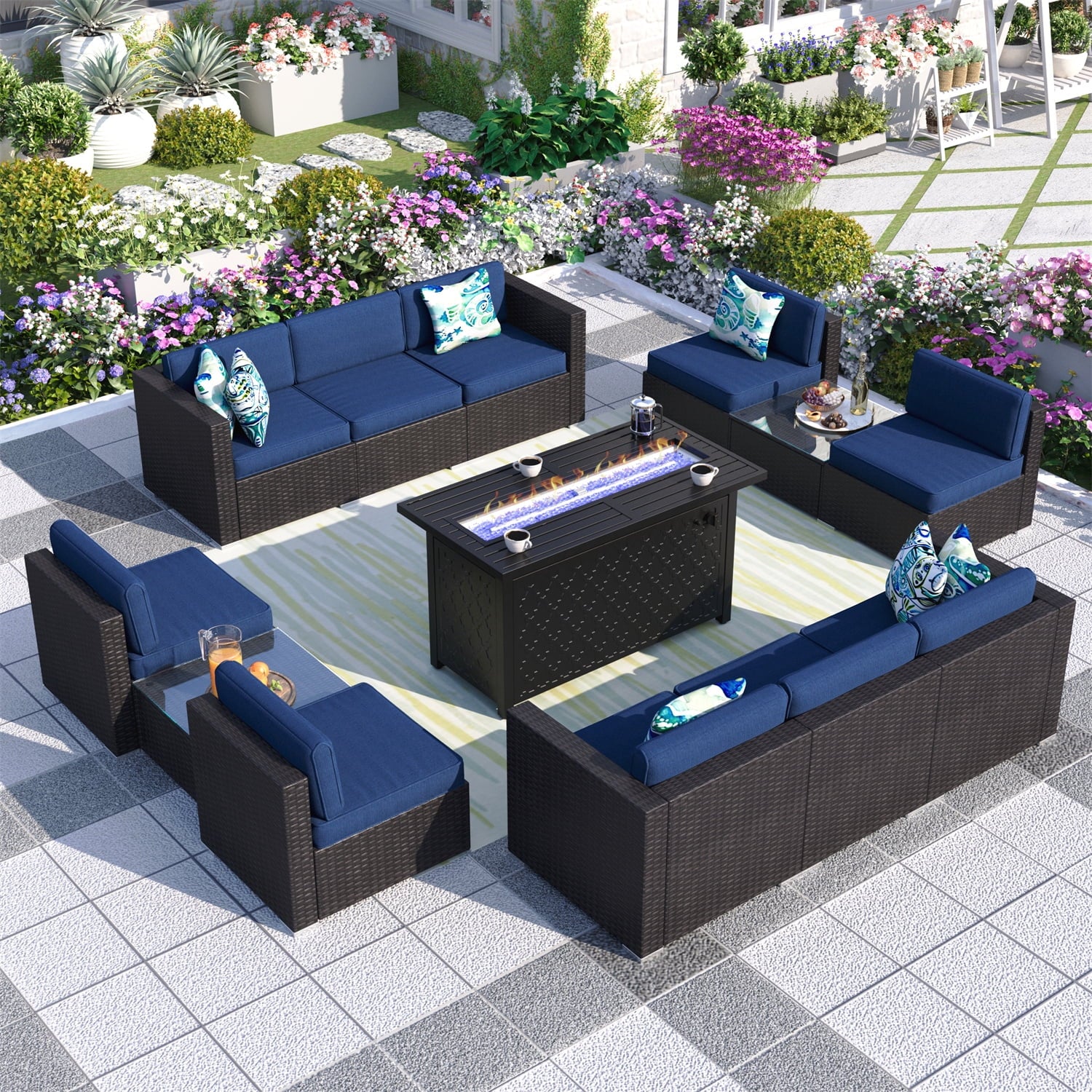 13 Pieces Navy Blue Outdoor Patio Furniture Set with Fire Pit Table M56492
