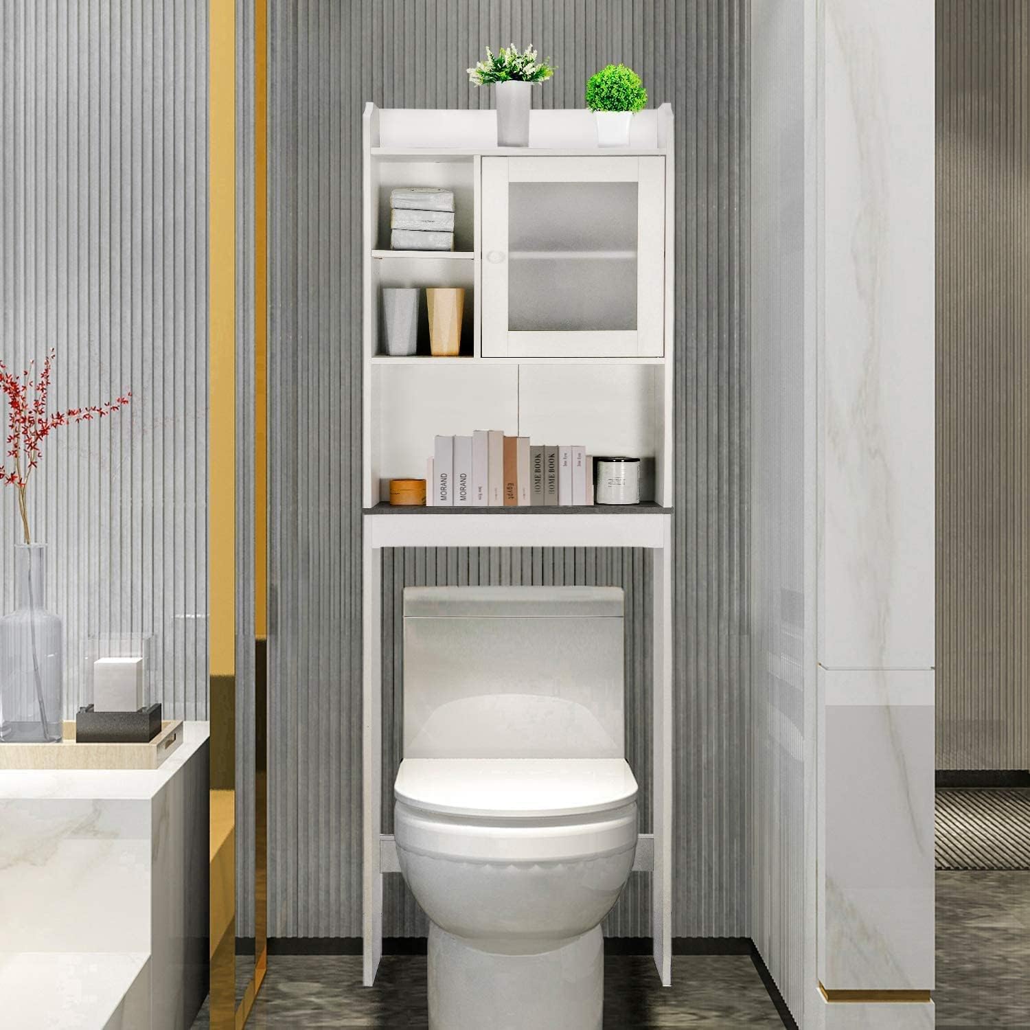 White 4-Tier Over The Toilet Storage Cabinet with Adjustable Shelves and Tempered Glass Door Z408118