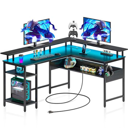 56.7" L Shaped Gaming Desk with LED Lights, Power Outlets, Carbon Fiber Surface, Monitor Stand, Storage, USB Port, Hook F183