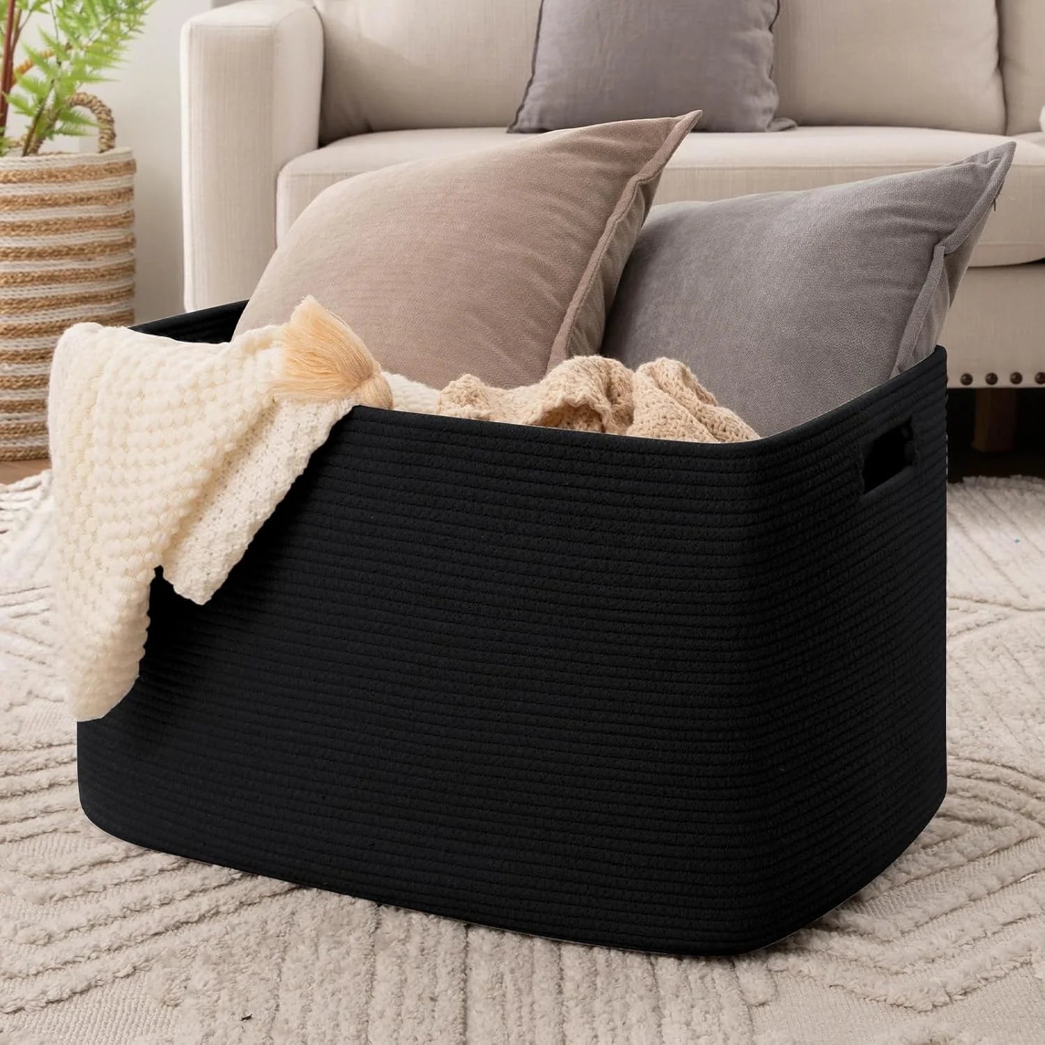 XXXLarge Cotton Rope Storage Basket, Oversized Blanket Basket, Black G7966