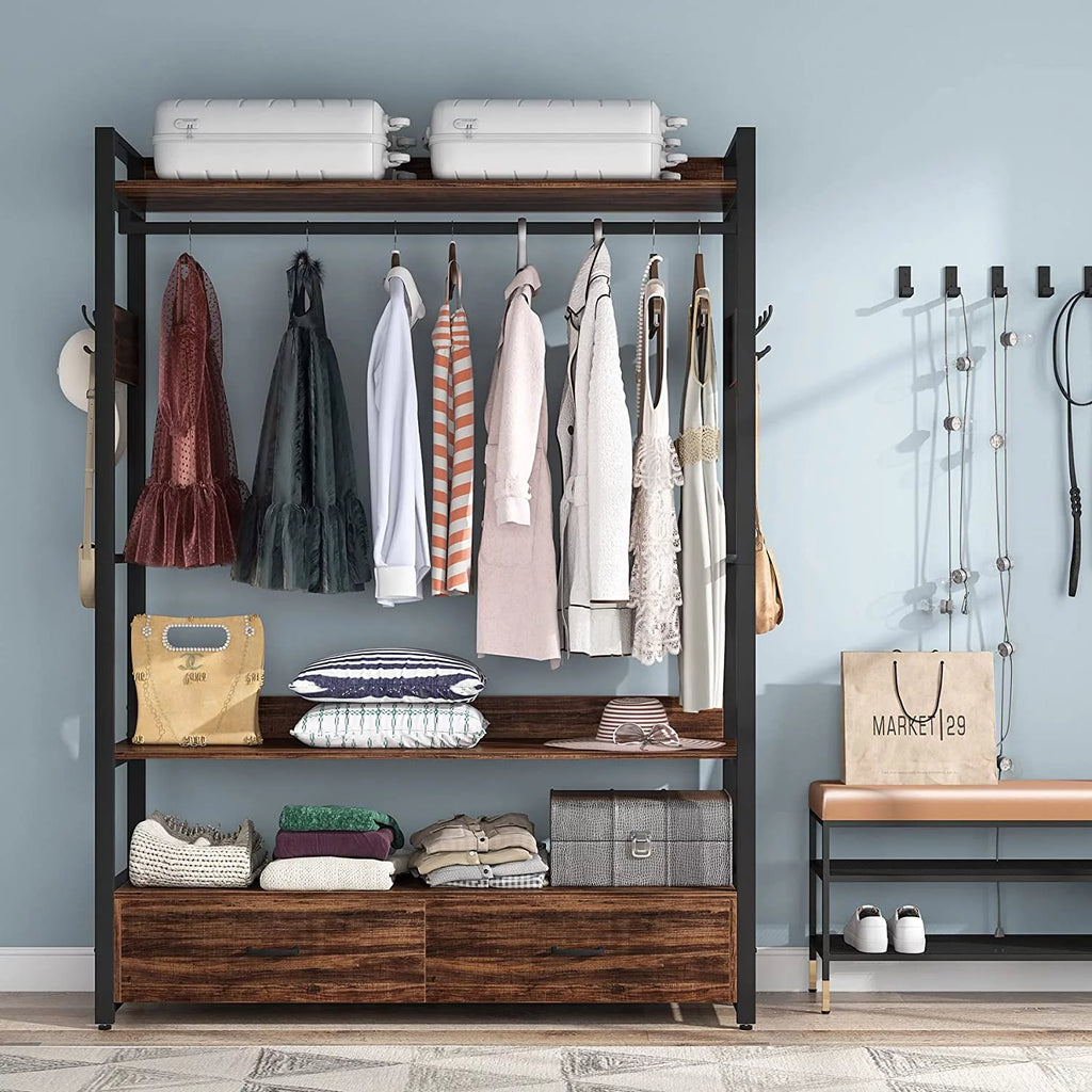 Rustic Brown Heavy Duty Clothes Rack with Shelves Hanging Rod and 2 Drawers F72811