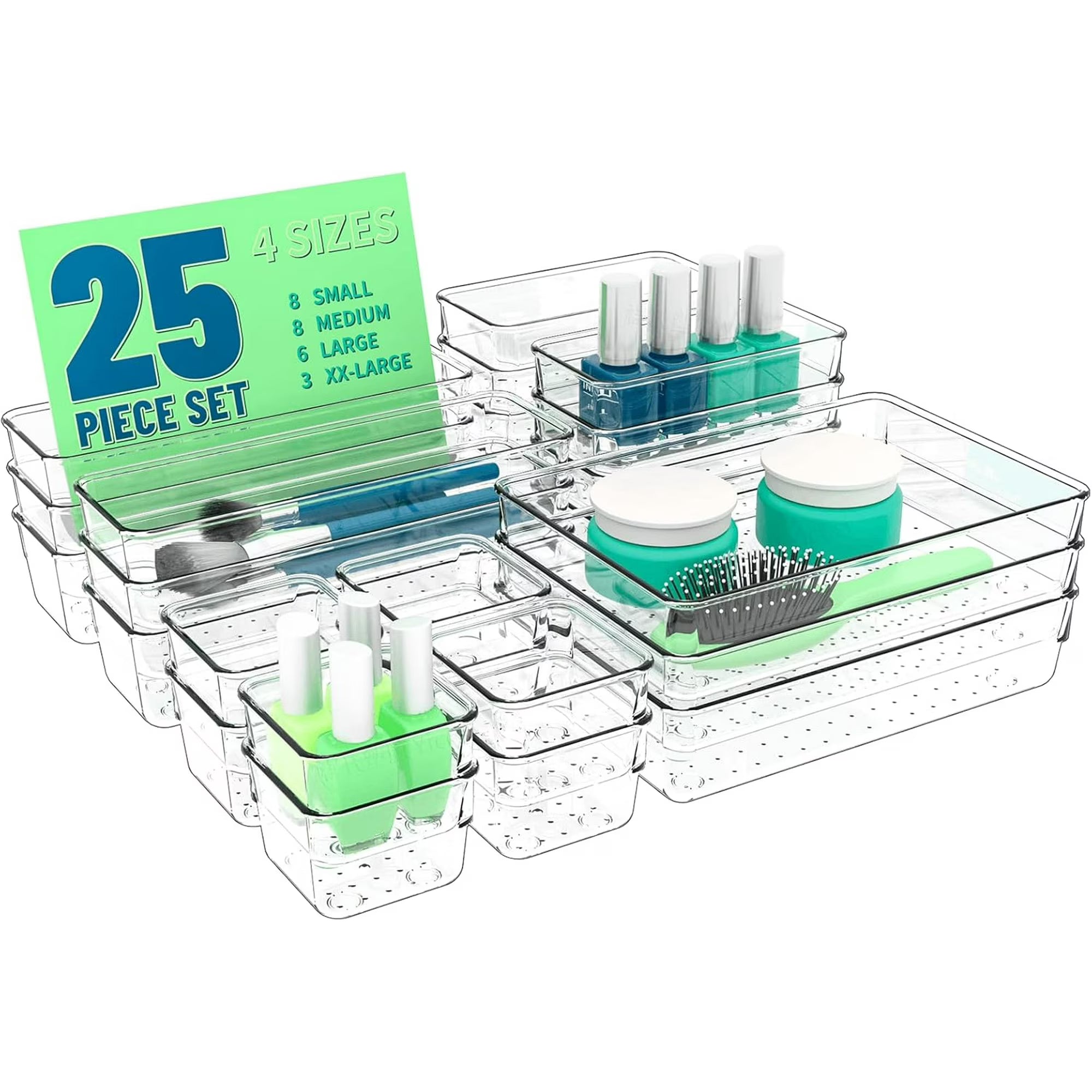 25 Pc Clear Plastic Drawer Organizer Set, 4 Sizes G996487