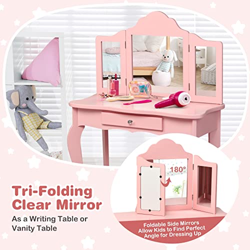 White Wooden Kids Vanity Set with Mirror and Stool Z713315