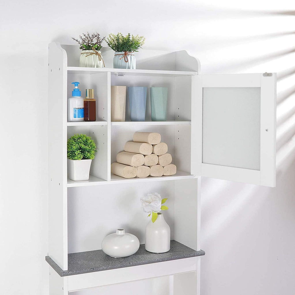 White 4-Tier Over The Toilet Storage Cabinet with Adjustable Shelves and Tempered Glass Door Z408118