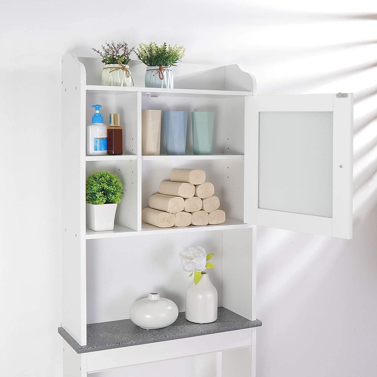 White 4-Tier Over The Toilet Storage Cabinet with Adjustable Shelves and Tempered Glass Door Z408118