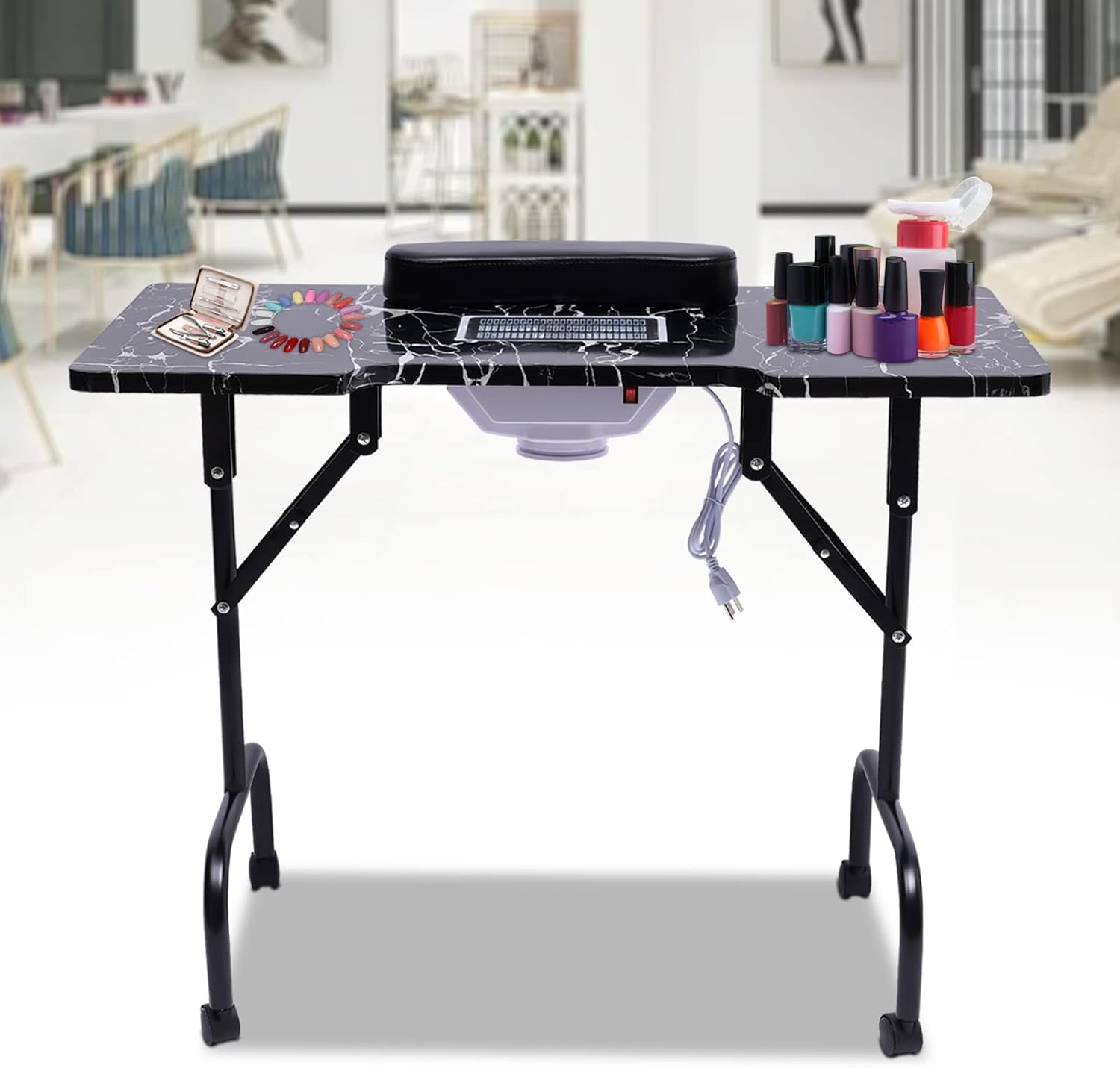 Portable Folding Nail Desk with Dust Collector 4 Wheels L12979