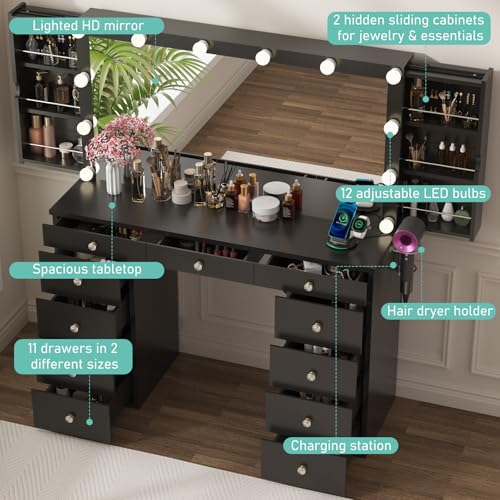 White Vanity Desk with Mirror and Lights, 11 Drawers, Charging Station D559319