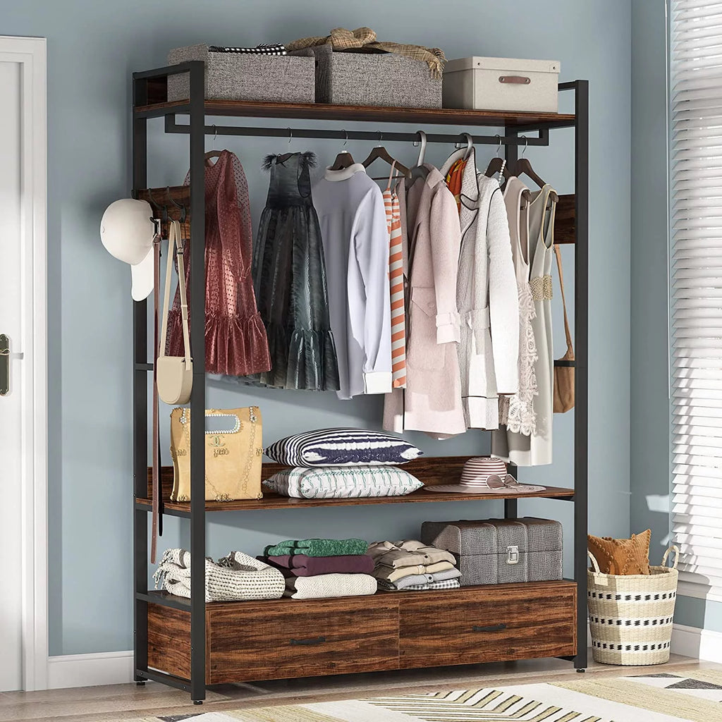 Rustic Brown Heavy Duty Clothes Rack with Shelves Hanging Rod and 2 Drawers F72811