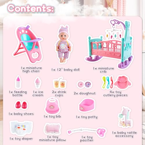 12" Baby Doll Play Set with Crib, Mobile, High Chair, 21 PCS T271217