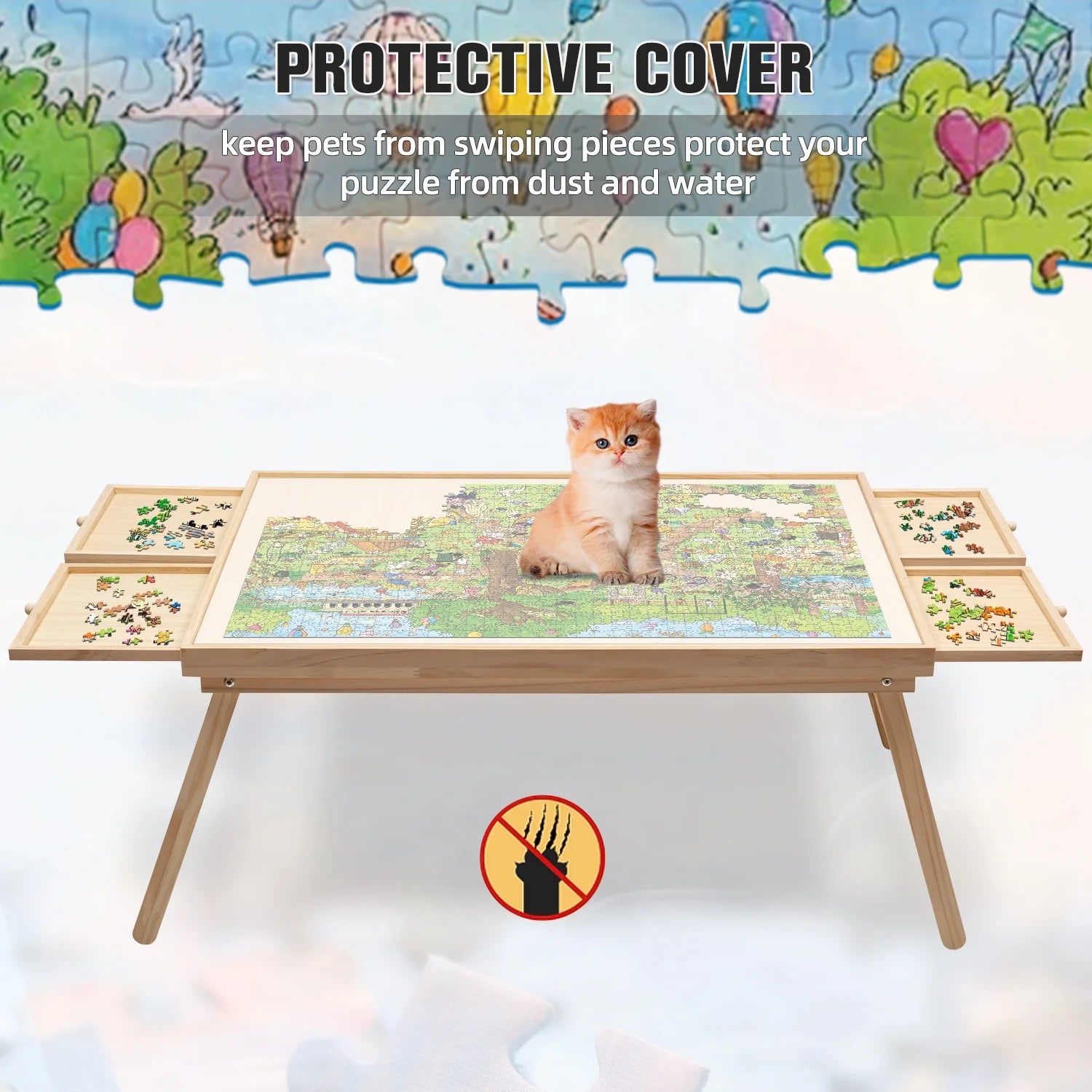 1500 Piece Wooden Jigsaw Puzzle Table with Folding Legs and 4 Drawers W735799