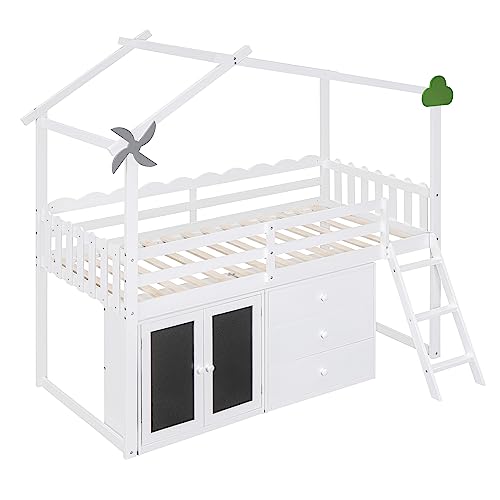 Grey Twin Size Wood Loft Bed with Storage Cabinet and 3 Drawers O497292