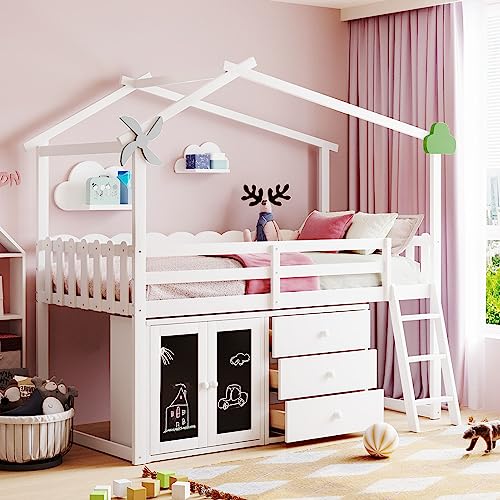 Grey Twin Size Wood Loft Bed with Storage Cabinet and 3 Drawers O497292