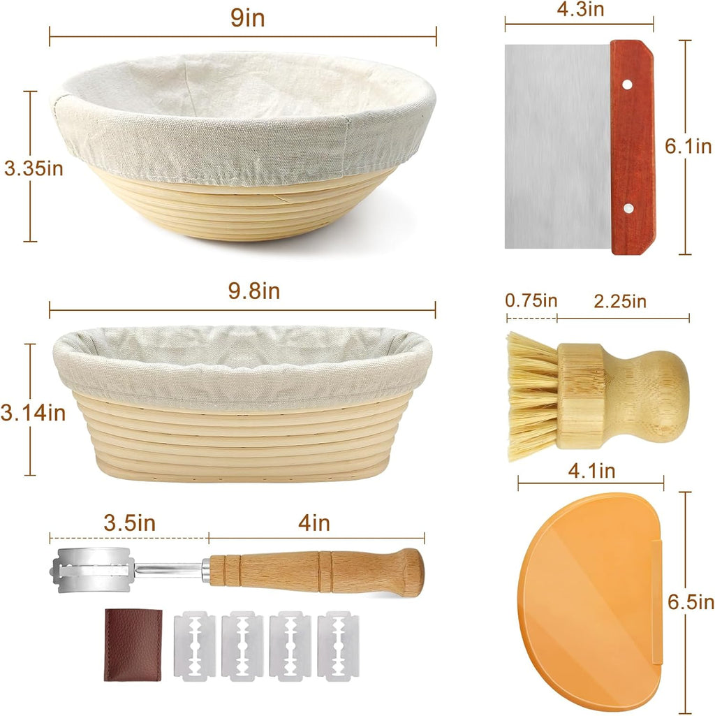 9 Inch Round & 10 Inch Oval Banneton Bread Proofing Basket with Liner, Bread Lame, Dough Scraper, Cleaning Brush H731