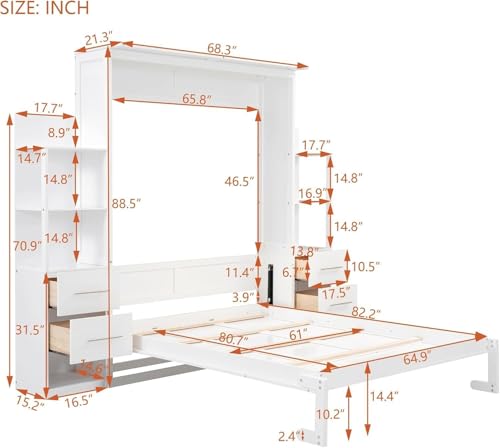 Queen Murphy Bed with Storage Drawers and Shelves (Grey) J877