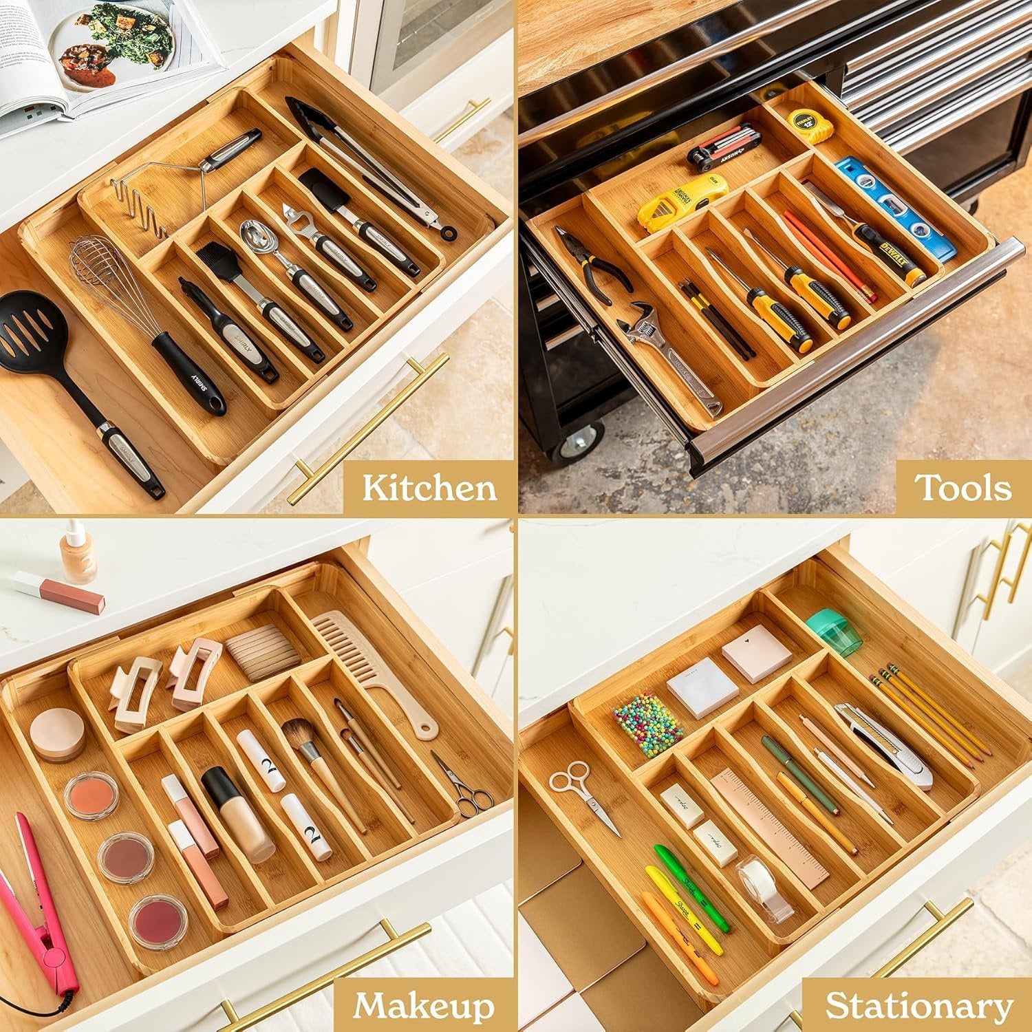 Bamboo Adjustable 8-Compartment Drawer Organizer W3900