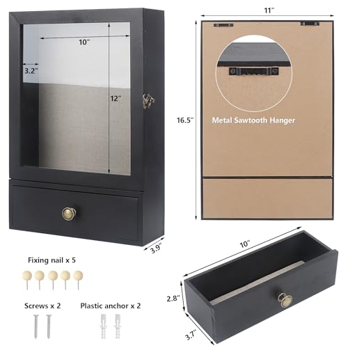 Black 3.2" Deep Shadow Box Display Case with Real Glass and Drawer O23000