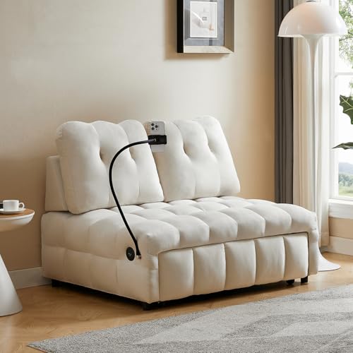 48" Convertible Sleeper Sofa Couch Bed, 3-in-1 Velvet Tufted Pull Out Couch with Charge Ports and Phone Holders, Comfy Modern Loveseat Sleeper Chaise Lounge (Grey) T1373