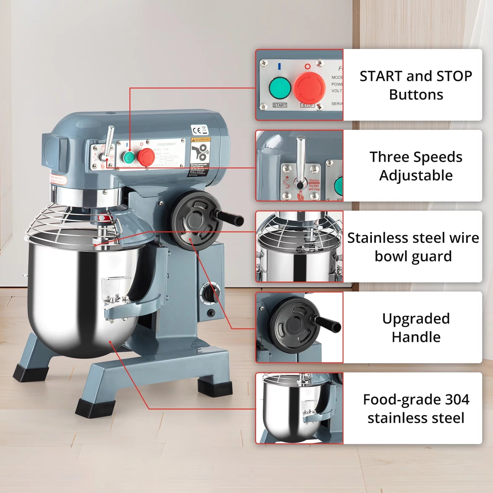 15Qt 600W 3-Speed Commercial Stand Mixer with Stainless Steel Bowl, Dough Hook, Whisk, Safety Guard Z756450