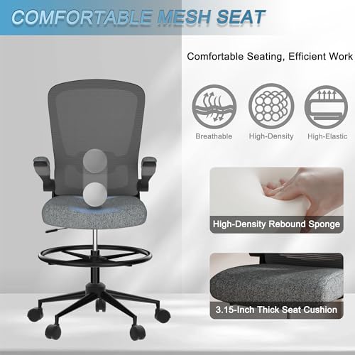 Black Drafting Chair with Flip-up Armrests and Adjustable Footrest Ring B497374