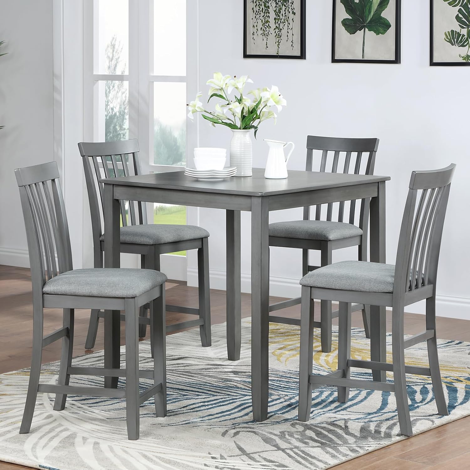 5 Piece Counter Height Dining Table Set with 4 Upholstered Chairs, Dove Gray P504