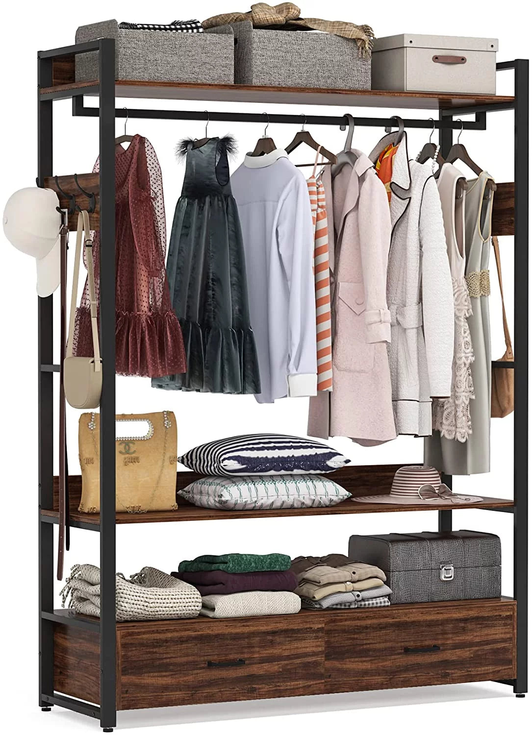 Rustic Brown Heavy Duty Clothes Rack with Shelves Hanging Rod and 2 Drawers F72811
