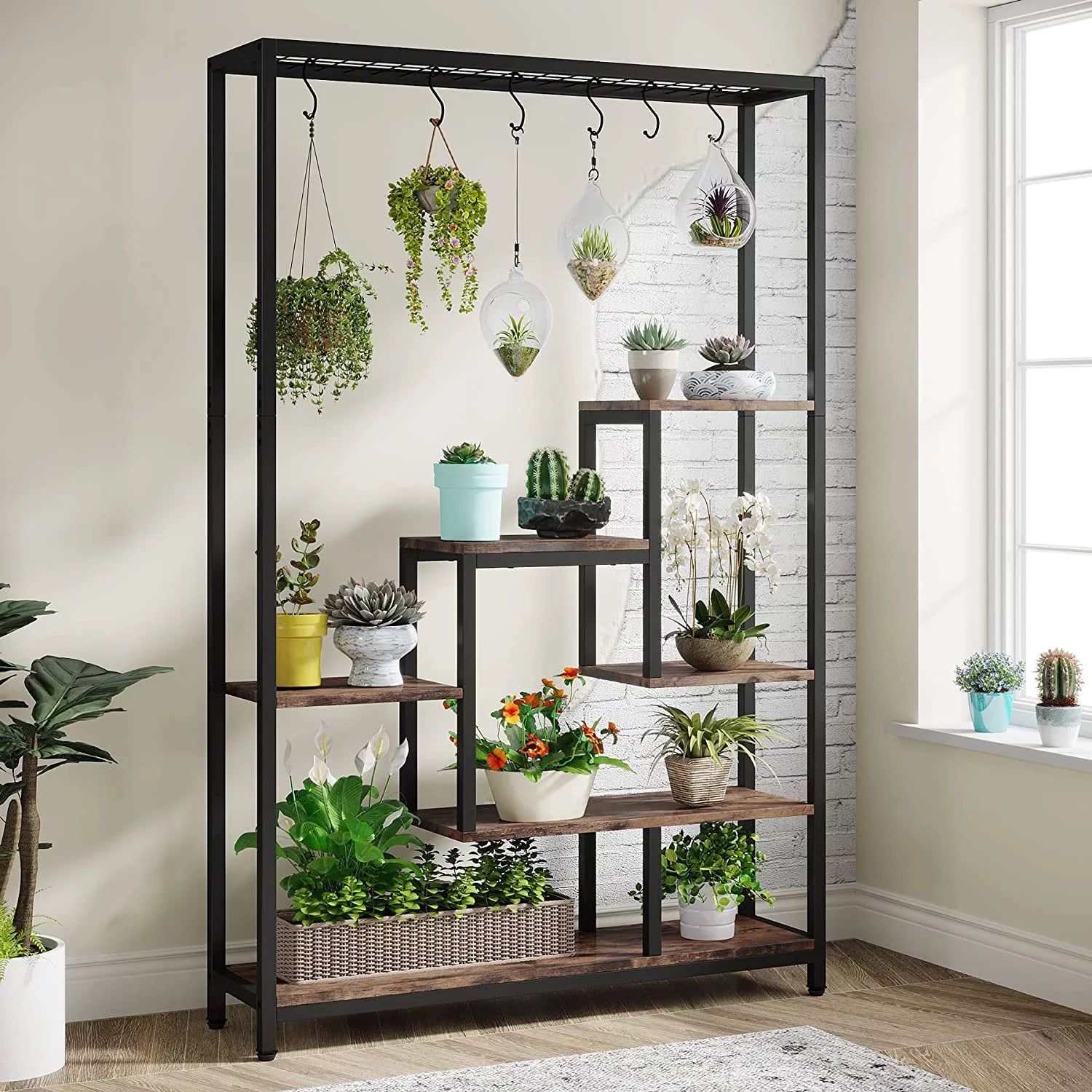 5-Tier Metal Plant Stand with 10 Hanging Hooks K59785