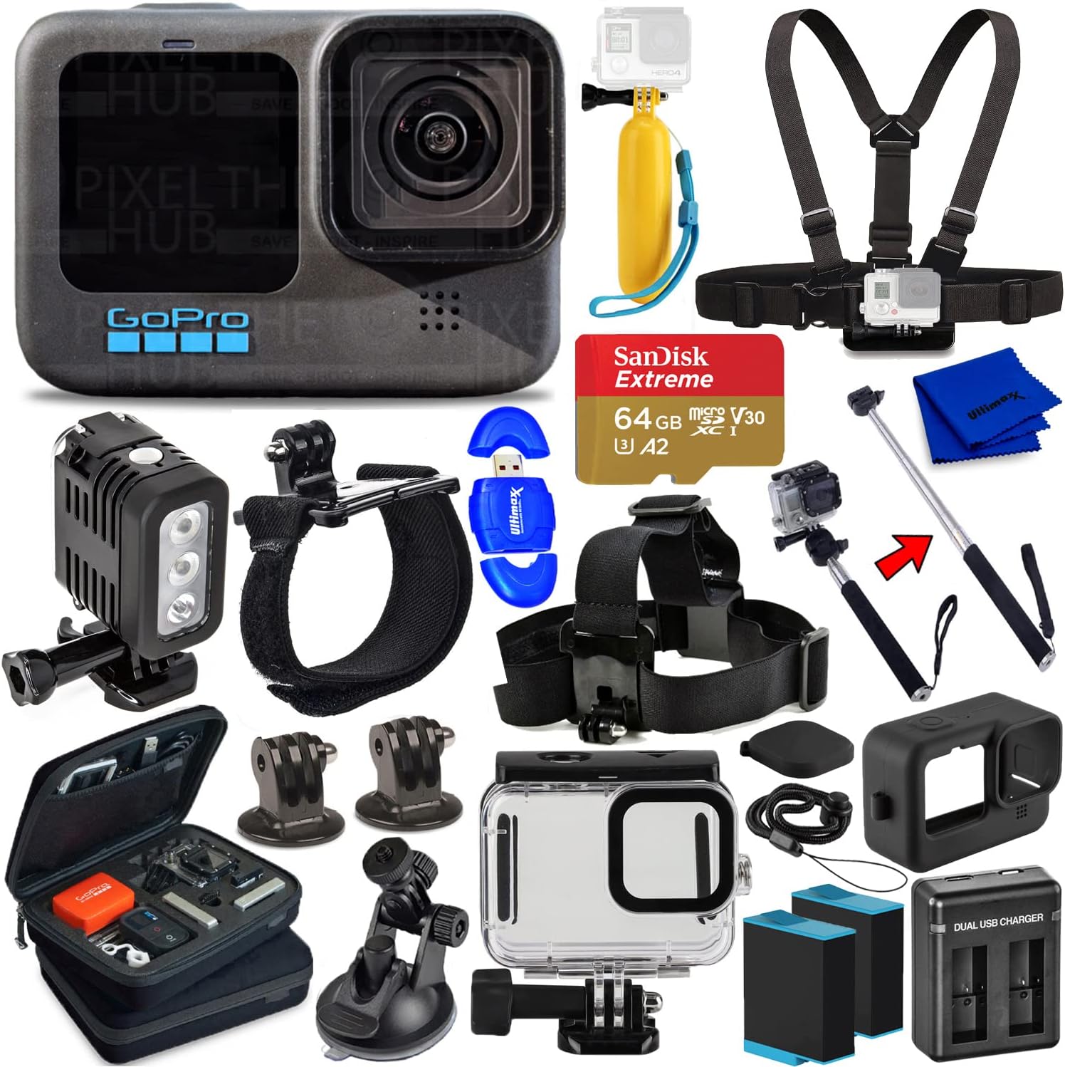 HERO10 Black Camcorder with 64GB microSD, 2 Batteries, Charger, Underwater Housing, LED Light Kit, Carry Case K3443