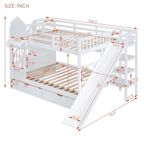Gray Wood Twin Over Twin Bunk Bed with Stairs and Slide H2339