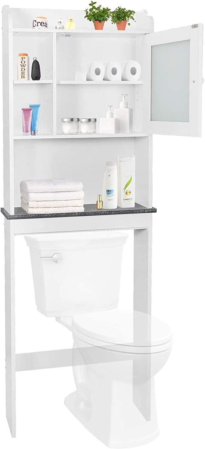 White 4-Tier Over The Toilet Storage Cabinet with Adjustable Shelves and Tempered Glass Door Z408118
