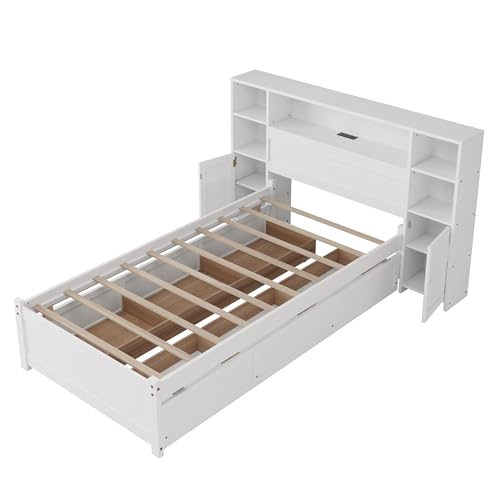 Twin Size Wood Storage Platform Bed with 6 Drawers and Bookcase Headboard U355943