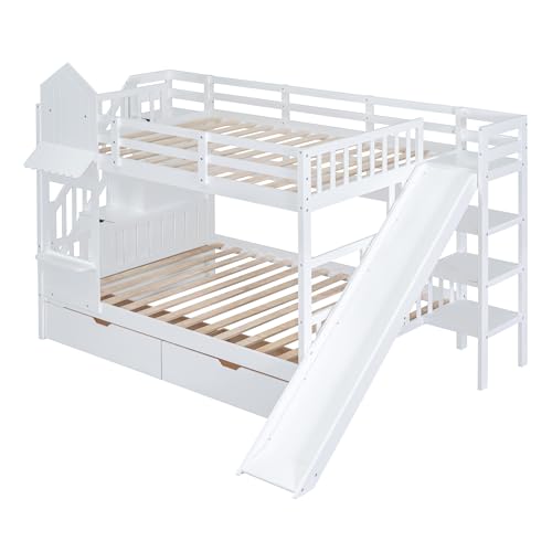 Gray Wood Twin Over Twin Bunk Bed with Stairs and Slide H2339