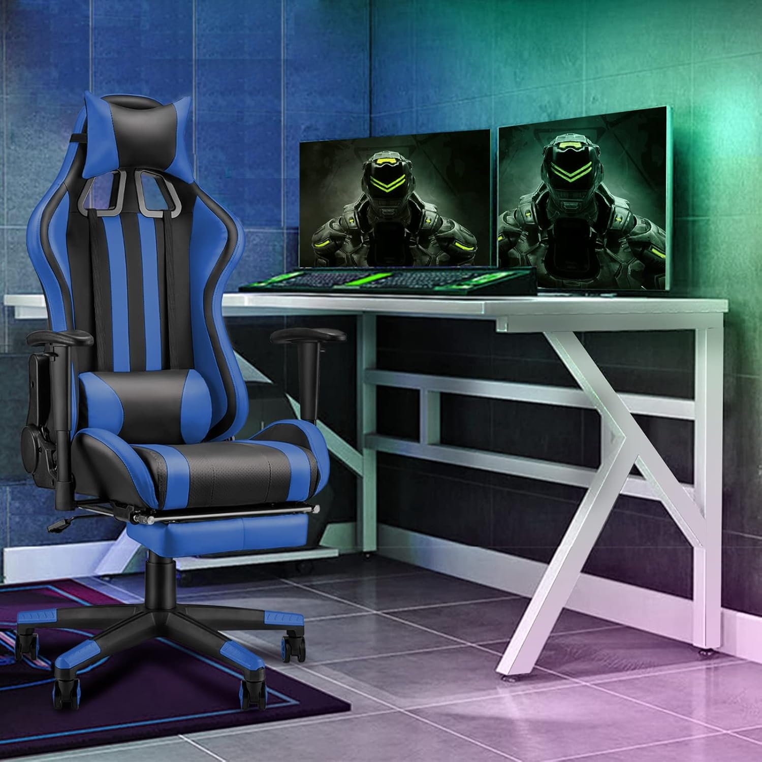 Reddish Blue Ergonomic Gaming Chair with Footrest I2013