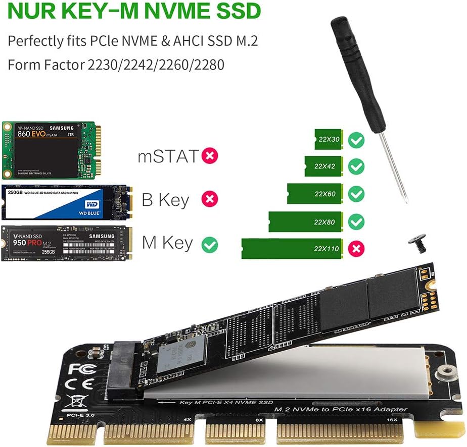 NVMe PCIe x16 Adapter Card with Heat Sink for M.2 NVMe SSD 2230/2242/2260/2280 O446