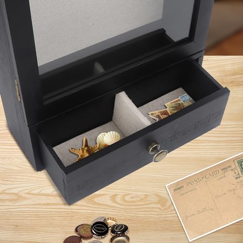 Black 3.2" Deep Shadow Box Display Case with Real Glass and Drawer O23000