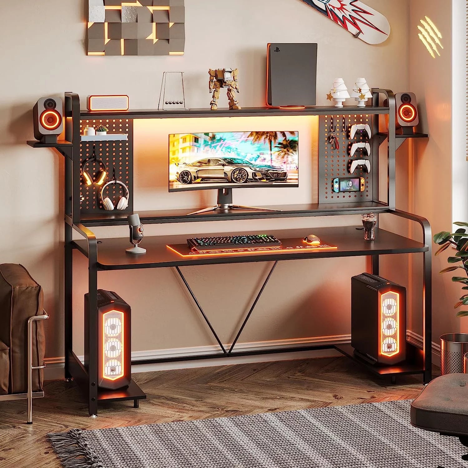 55" Gaming Desk with Hutch, Shelves, LED Lights, Pegboard and Monitor Shelf, Black K2756
