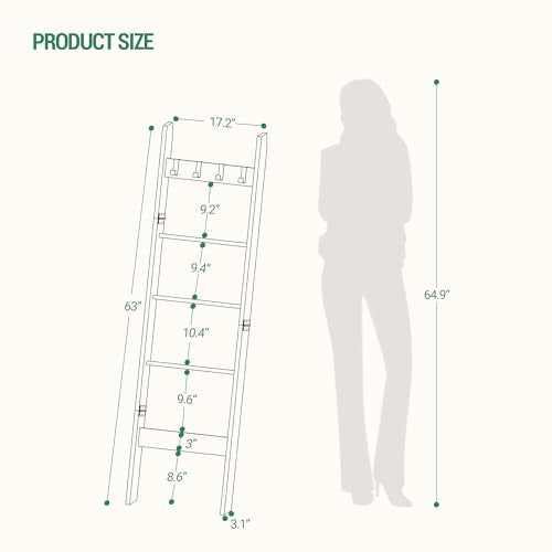 5-Tier Wood Blanket Ladder Shelf with 4 Removable Hooks V50833
