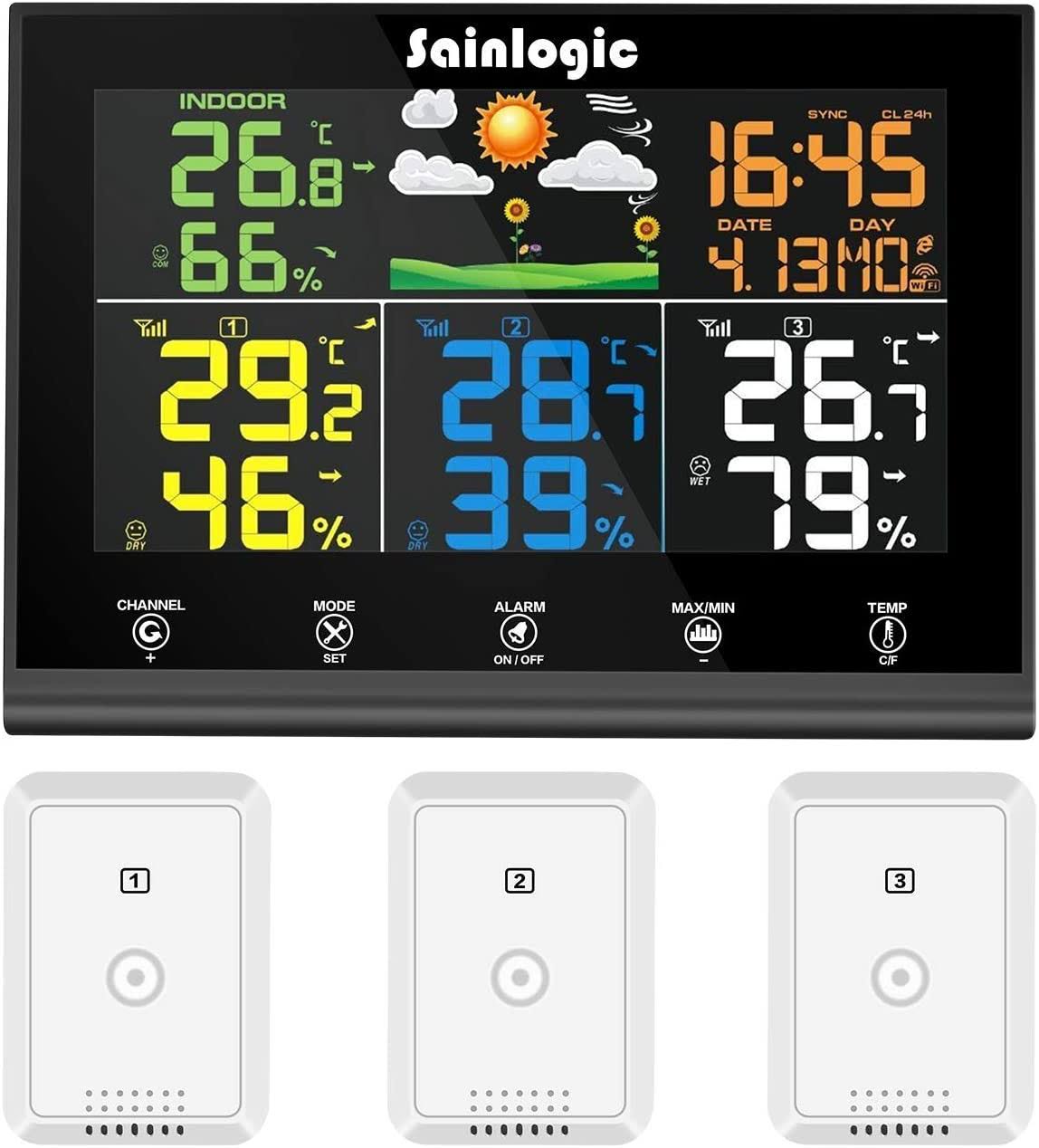 Wireless Weather Station with 3 Outdoor Sensors, Colour Display M318156