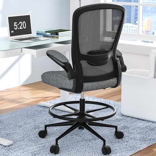 Black Drafting Chair with Flip-up Armrests and Adjustable Footrest Ring B497374
