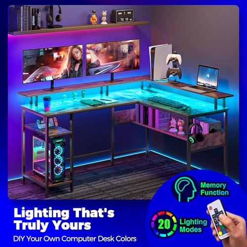 56.7" L Shaped Gaming Desk with LED Lights, Power Outlets, Carbon Fiber Surface, Monitor Stand, Storage, USB Port, Hook F183