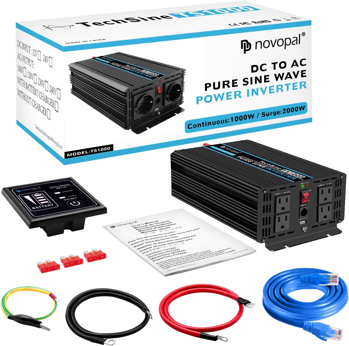1000 Watt 24V DC to 110V AC Pure Sine Wave Power Inverter with 4 AC Outlets and USB Port Q552