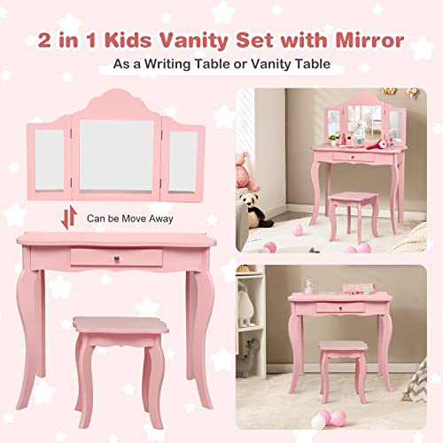 White Wooden Kids Vanity Set with Mirror and Stool Z713315