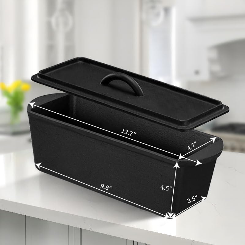 Cast Iron Bread Pan with Lid - 2LB Capacity (13x5 Inch) Large Pullman Loaf Pan - Non-Stick, Pre-Seasoned, Black G85297