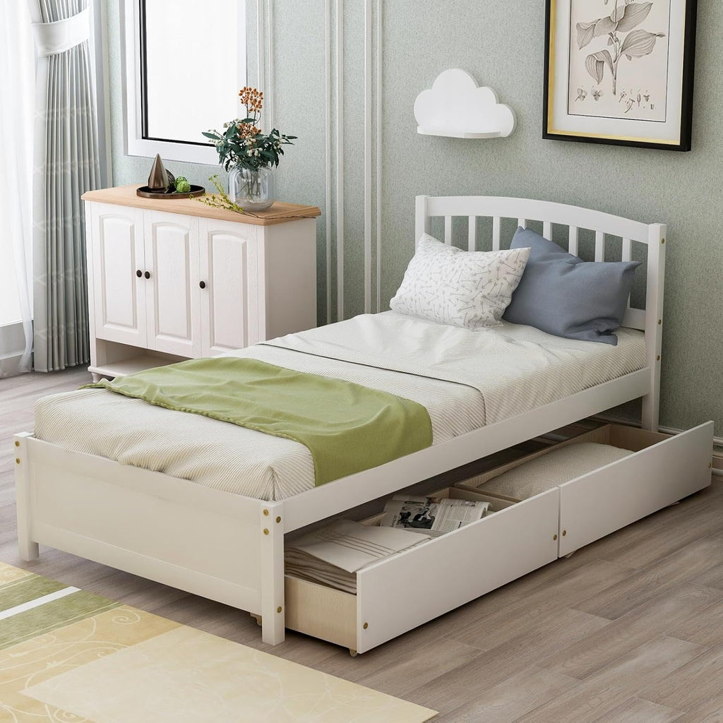 White 79.5x41.8x37.4 inches Platform Double Bed Frame with Two Drawers and Headboard J324
