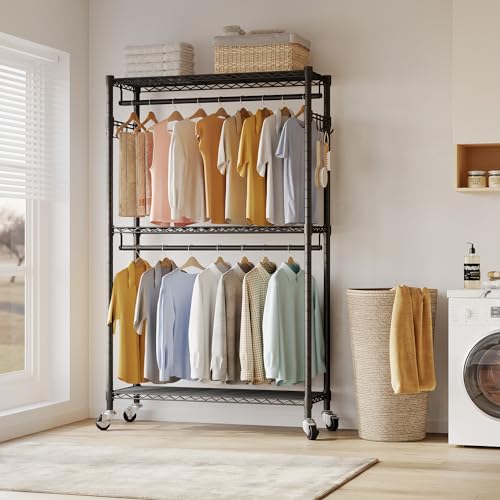 Black Heavy Duty Rolling Garment Rack with Wheels Double Hanging Rods J2733