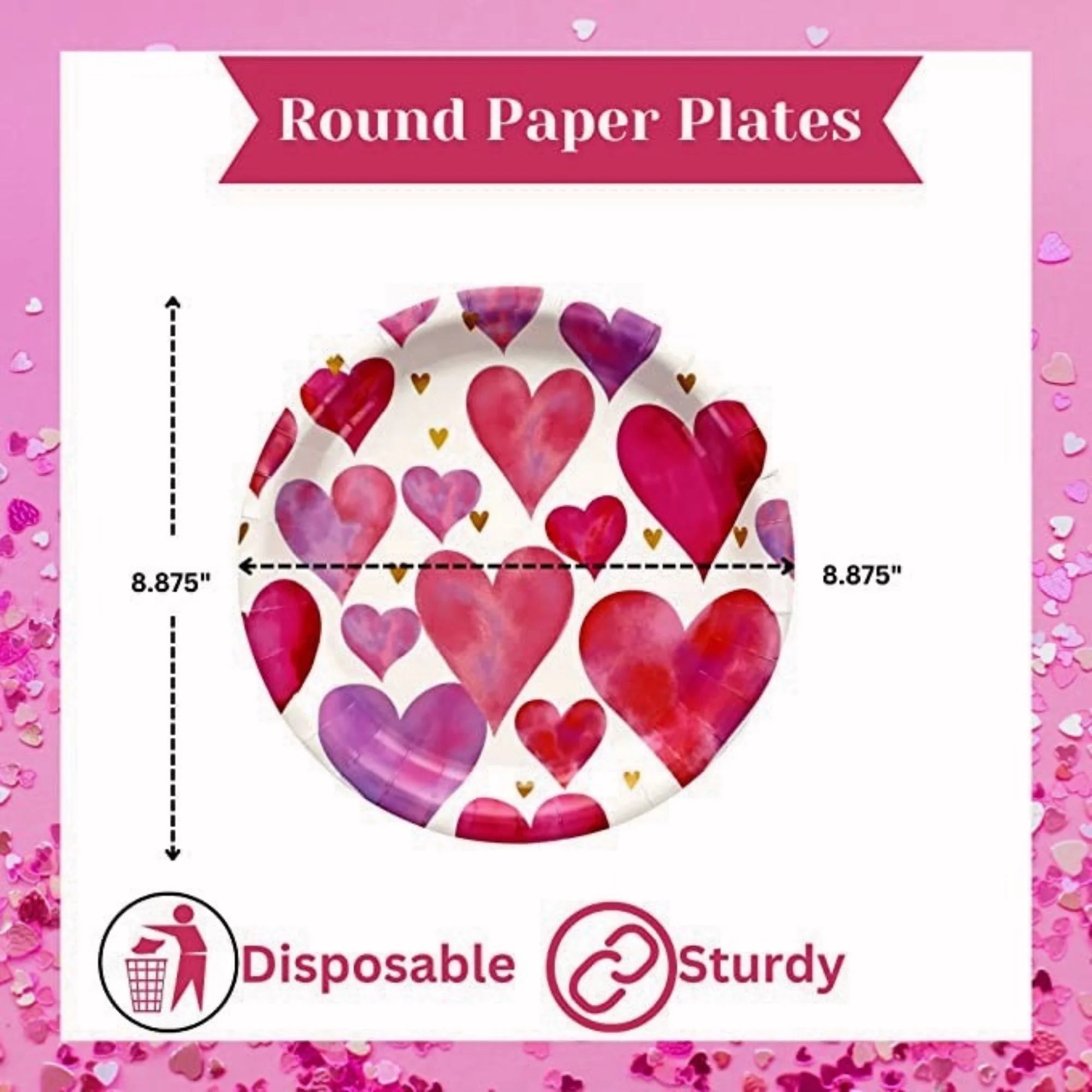 Valentine Heart Design Round Paper Plates with Matching Napkins and Pink Plastic Utensils Disposable Tableware Set of 3 O29047